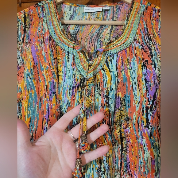 Susan Graver Plus Size Women Sleeveless Top Beaded Colorful Summer Restort Wear - Picture 3 of 4